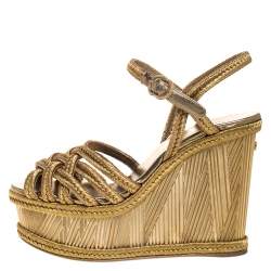 Chanel Metallic Gold Woven Fabric Wedge Platform Sandals Size 36.5 Chanel