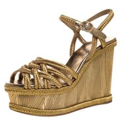 Chanel Metallic Gold Woven Thread Wedge Platform Sandals Size 37.5 Chanel