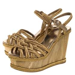 Chanel Metallic Gold Woven Thread Wedge Platform Sandals Size 37.5