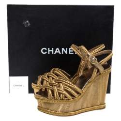 Chanel Metallic Gold Woven Thread Wedge Platform Sandals Size 37.5