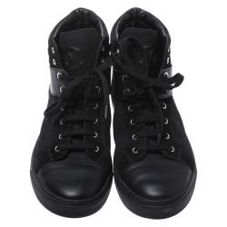 Pre Owned حذاء رياضي شانيل مرتفع من أعلى كانفاس وجلد سويدي أسود مقاس 38.5