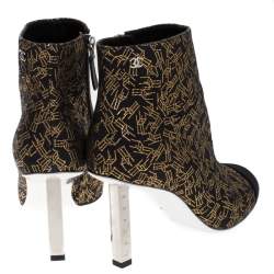 Chanel Black/Gold Printed Fabric Cap Toe Ankle Boots Size 36.5