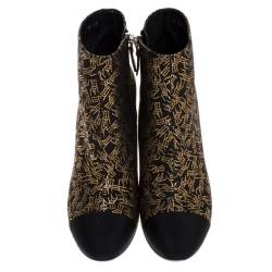 Chanel Black/Gold Printed Fabric Cap Toe Ankle Boots Size 36.5
