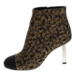 Chanel Black/Gold Printed Fabric Cap Toe Ankle Boots Size 36.5