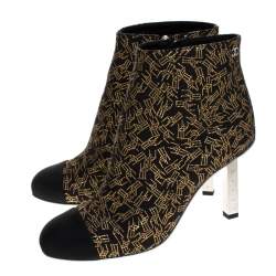 Chanel Black/Gold Printed Fabric Cap Toe Ankle Boots Size 36.5