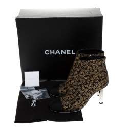 Chanel Black/Gold Printed Fabric Cap Toe Ankle Boots Size 36.5