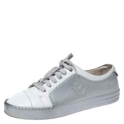 Chanel White/Silver Leather And Rubber CC Cap Toe Lace Up Sneaker Size 38  Chanel