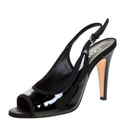 Pre Owned صندل شانيل فتحة كعب مقدمة مفتوحة جلد لامع أسود مقاس 36.5