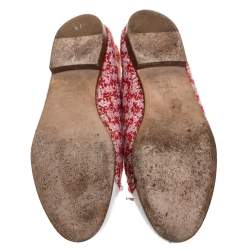 Pre Owned Chanel Red/White Tweed Fabric And Leather CC Cap Toe Bow Ballet Flats Size 38