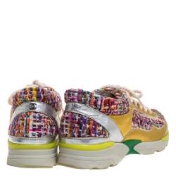 Pre Owned Chanel Multicolor Tweed and Patent Leather Lace Up Sneakers Size 38