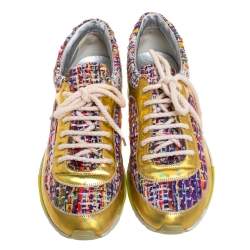 Pre Owned Chanel Multicolor Tweed and Patent Leather Lace Up Sneakers Size 38