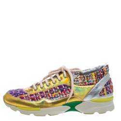 Pre Owned Chanel Multicolor Tweed and Patent Leather Lace Up Sneakers Size 38