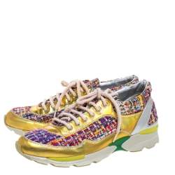 Pre Owned Chanel Multicolor Tweed and Patent Leather Lace Up Sneakers Size 38