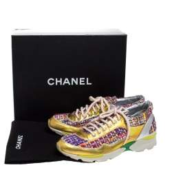Pre Owned Chanel Multicolor Tweed and Patent Leather Lace Up Sneakers Size 38