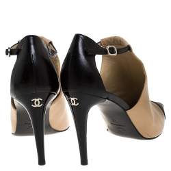 Chanel Black/Beige Leather CC Cap Toe Ankle Strap Booties Size 40