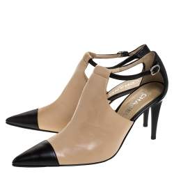 Chanel Black/Beige Leather CC Cap Toe Ankle Strap Booties Size 40