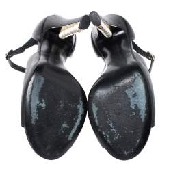 مملوكة مسبقًا Chanel Black Leather Pearl Embellished Heel Ankle Strap Sandals Size 37.5