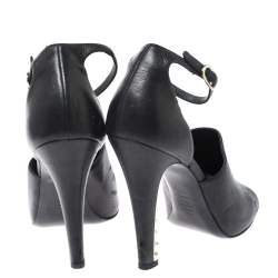 مملوكة مسبقًا Chanel Black Leather Pearl Embellished Heel Ankle Strap Sandals Size 37.5