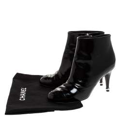Chanel Black Patent Leather Cap Toe CC Ankle Boots Size 39.5