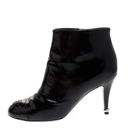 Chanel Black Patent Leather Cap Toe CC Ankle Boots Size 39.5