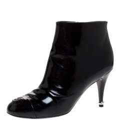 Chanel Black Patent Leather Cap Toe CC Ankle Boots Size 39.5