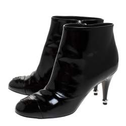 Chanel Black Patent Leather Cap Toe CC Ankle Boots Size 39.5