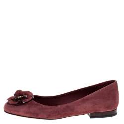 Pre Owned Chanel Burgundy Suede And Patent Leather Camellia Ballet Flats Size 36