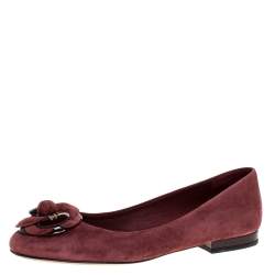 Pre Owned Chanel Burgundy Suede And Patent Leather Camellia Ballet Flats Size 36