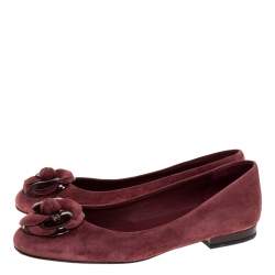 Pre Owned Chanel Burgundy Suede And Patent Leather Camellia Ballet Flats Size 36