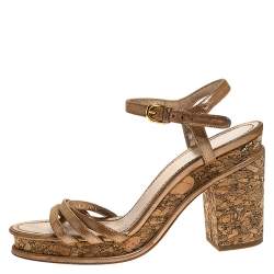 Chanel Beige Lame Fabric Strappy Cork Platform Sandals Size 39.5
