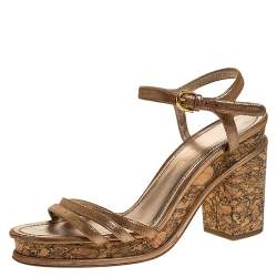 Chanel Beige Lame Fabric Strappy Cork Platform Sandals Size 39.5