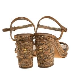 Chanel Beige Lame Fabric Strappy Cork Platform Sandals Size 39.5