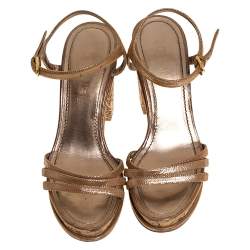 Chanel Beige Lame Fabric Strappy Cork Platform Sandals Size 39.5