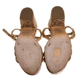 Chanel Beige Lame Fabric Strappy Cork Platform Sandals Size 39.5