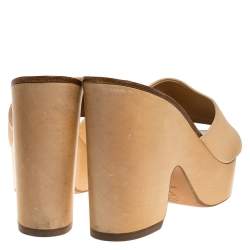 Chanel Beige/Black Leather Open Toe Slide Wooden Clogs Size 37.5
