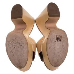 Chanel Beige/Black Leather Open Toe Slide Wooden Clogs Size 37.5