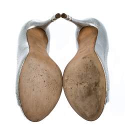 Pre Owned حذاء كعب عالي شانيل مزين شعار الماركة مقدمة مفتوحة جلد ثعبان فضي مقاس 37