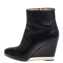 Chanel Black Leather Round Toe Wedge Boots Size 39.5