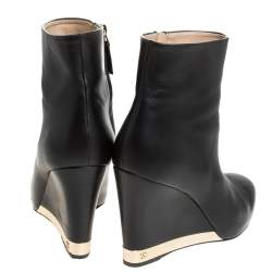 Chanel Black Leather Round Toe Wedge Boots Size 39.5