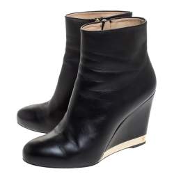 Chanel Black Leather Round Toe Wedge Boots Size 39.5