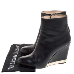 Chanel Black Leather Round Toe Wedge Boots Size 39.5