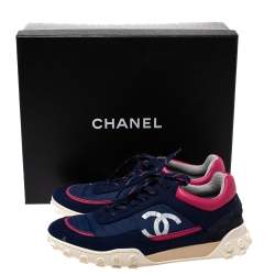 Pre Owned حذاء رياضي شانيل مزين شعار الماركة منخفض من أعلى نايلون و صوف أزرق و وردي مقاس 37