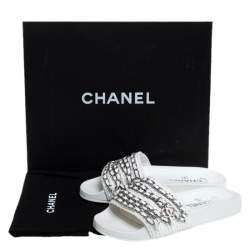 Chanel White Tweed Fabric CC Chain Embellished Flat Slides Size 35