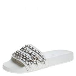 Chanel White Tweed Fabric CC Chain Embellished Flat Slides Size 35 Chanel |  TLC