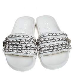 Chanel White Tweed Fabric CC Chain Embellished Flat Slides Size 35