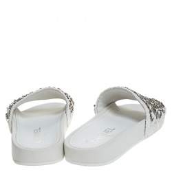Chanel White Tweed Fabric CC Chain Embellished Flat Slides Size 35