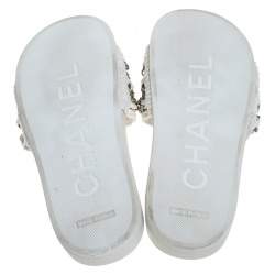 Chanel White Tweed Fabric CC Chain Embellished Flat Slides Size 35