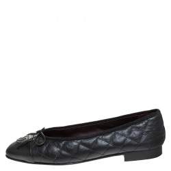 مملوكة مسبقًا Chanel Black Quilted Leather CC Bow Cap Toe Ballet Flats Size 37