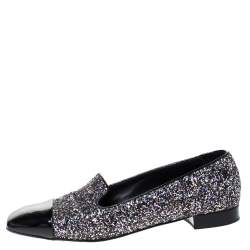 Pre Owned Chanel Black Patent Leather and Glitters Smoking Slippers Size 41.5