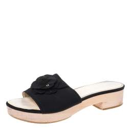 Chanel Black Canvas Camellia Wooden Platform Sandals Size 39